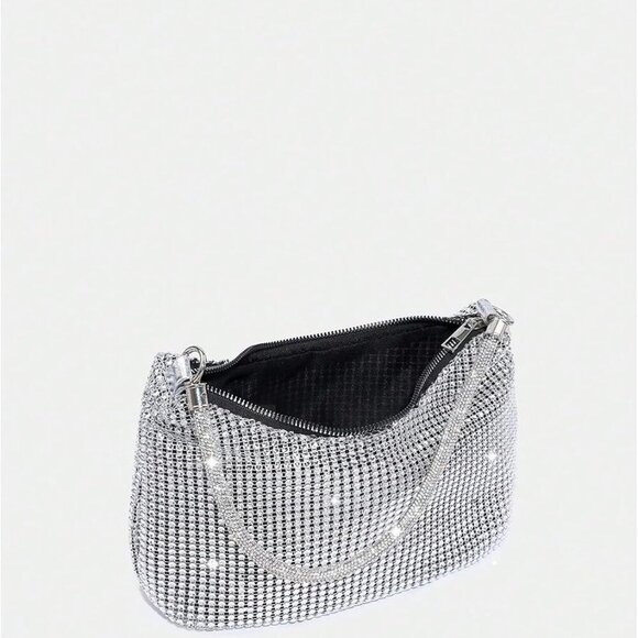 Women's Rhinestone Evening Handbag Glitter Crescent Shoulder Bag Zipper - Picture 5 of 7